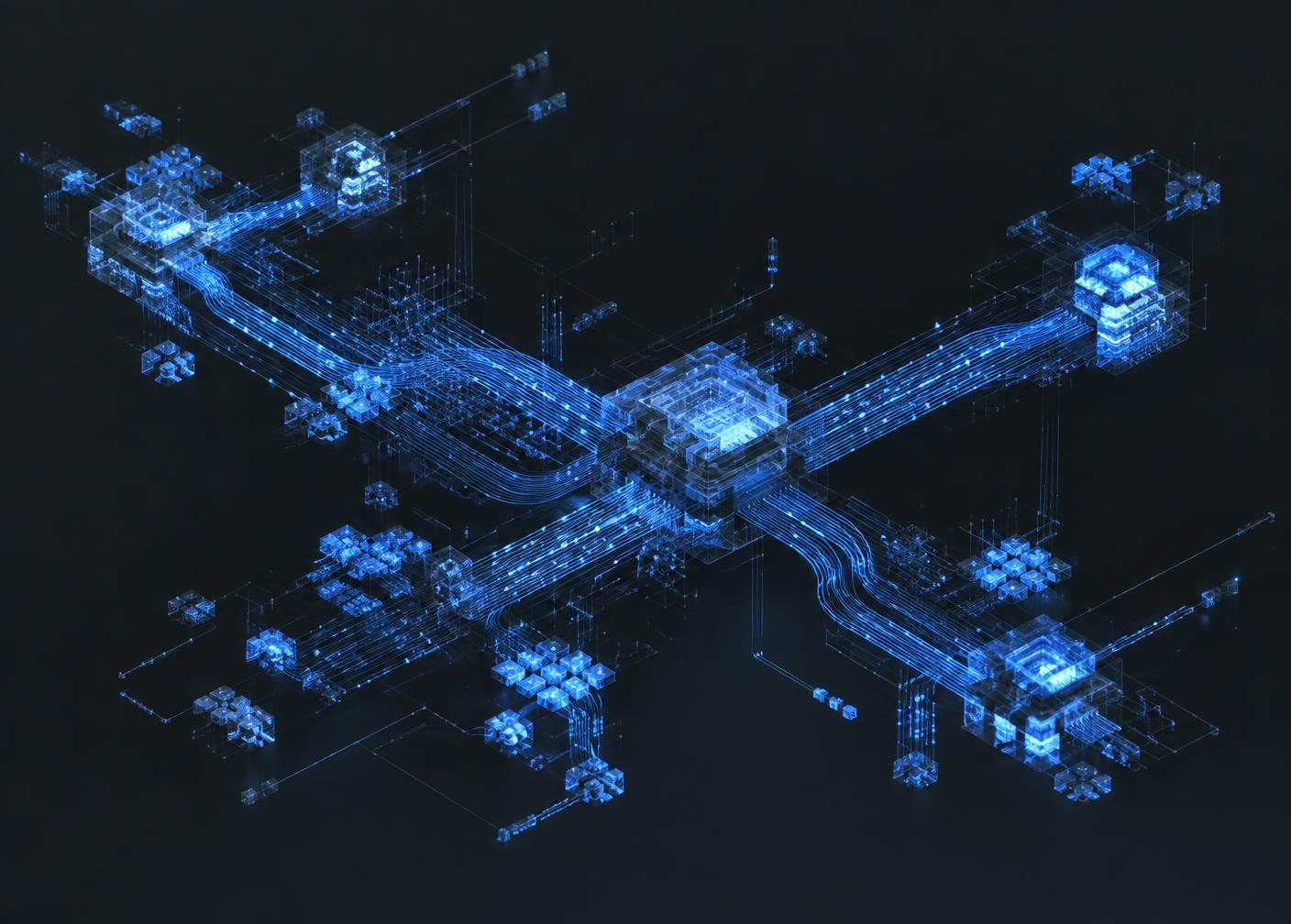 Abstract network of luminous computing modules and connected data paths