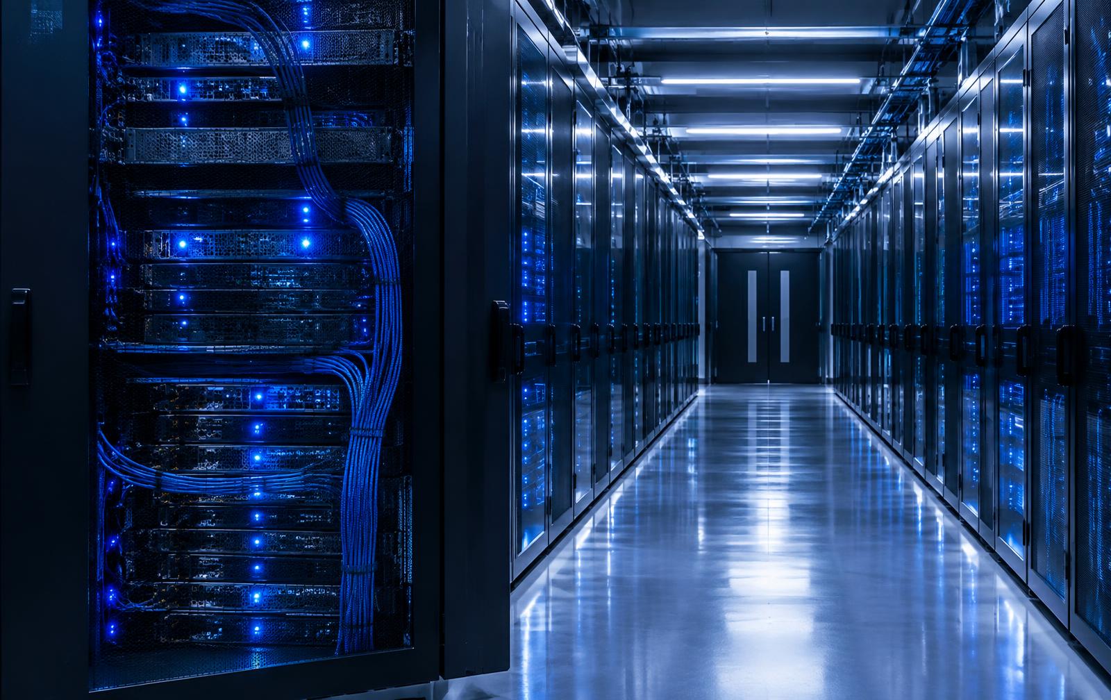 A modern data center aisle representing reliable digital infrastructure